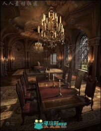 奢华华丽的中世纪城堡餐厅情景3D模型合辑