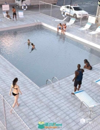 逼真室外游泳池建筑场景3D模型