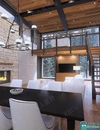 简约舒适奢华落地窗LOFT冬季室内木屋3D模型合集