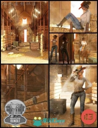 现代谷仓环境和女性牛仔服装姿势3D模型合辑