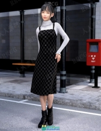 朴素清纯规律平铺图案女性两件套连衣裙套装3D模型合集