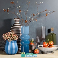 一组装饰品摆设3D模型，包括玻璃花瓶，玻璃瓶，酒杯，西红柿，干枝等模型