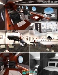 豪华私人飞机内部厨房餐桌沙发设计3D模型