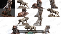 三组雄狮狮子雕刻造型高精度3D模型