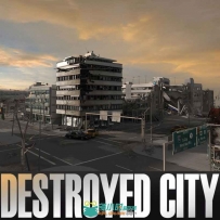 城市废墟场景3D模型,建筑破坏效果,损坏的汽车
