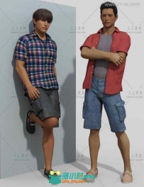 男性时尚帅气充满活力的衬衫短裤和板鞋3D模型合辑