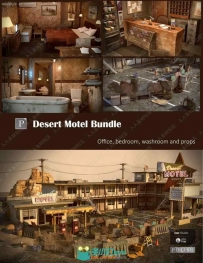沙漠破旧汽车旅馆内部设施外部环境3D模型
