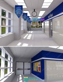 干净整洁学校走廊储物柜横幅指示3D模型