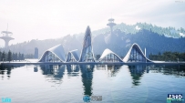 未来派湖泊现代城市环境场景UE游戏素材