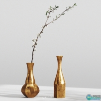 精美樱花枝植物铝制金属花瓶3D模型