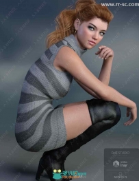 时尚无袖毛衣连衣裙与过膝高跟皮靴3D模型
