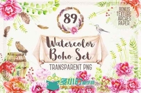 波西米亚系列水彩花和图案平面素材合辑Watercolor Boho Set & Patterns