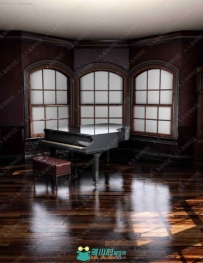 复古美式接待厅钢琴立钟陈设3D模型