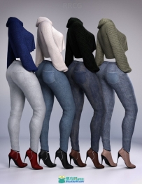 短款露脐毛衣紧身牛仔裤女性服饰套装3D模型合集