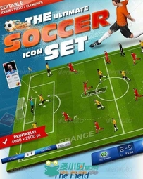 足球运动整体平面包装设计PSD模板 Graphicriver The Soccer Set Kicker Icons Fiel...