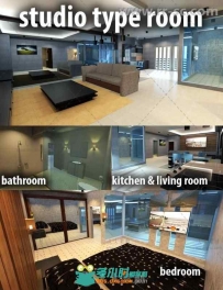 现代完整时尚的一室公寓式房间场景环境3D模型合辑