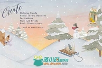 水彩风格冬季圣诞插画展示PSD模板Watercolor Winter Scene Creator