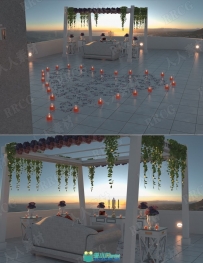 圣托里尼岛浪漫约会室外圣地烛光场景3D模型合集