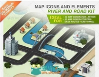 道路河流等地图图标PSD模板 Graphicriver Map Icons and Elements River and Road ...