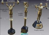 运动和歌唱类金银铜三种材质闪亮人物或物品奖杯3D模型合集