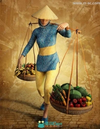 越南街头商贩水果蔬菜篮子与服装3D模型