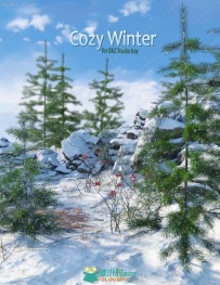 寒冬多组不同大小挂雪松树雪场景3D模型