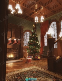 欧美复古风格别墅门厅圣诞节装饰布置室内设计