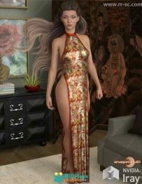中国风女性露背开叉连衣裙3D模型