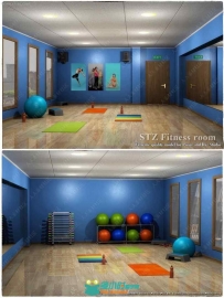 瑜伽健身室陈列设施及运动女性3D模型